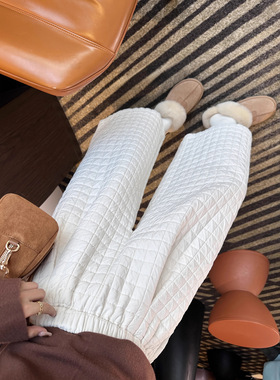 自热巨保暖！~菱形格棉绒八分阔腿裤女小个子秋冬加厚保暖休闲裤