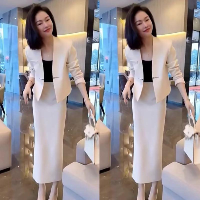2025秋季新款时尚套装女长袖西服短外套单身裙两件套潮气质女神