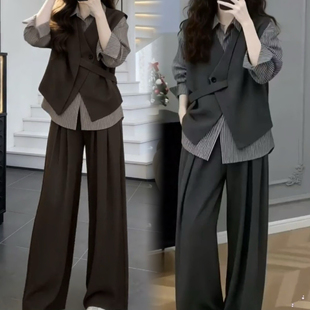 2026春季新款时尚套装气质轻奢感轻熟通勤衬衫灰色马甲长裤三件套