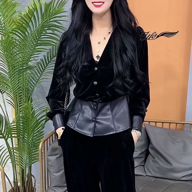 2026春秋新款时尚气质显瘦上衣丝绒拼接PU长袖V领收腰短外套潮,女装/女士精品,短外套,淘宝优惠券,粉丝福利购,淘宝优惠卷