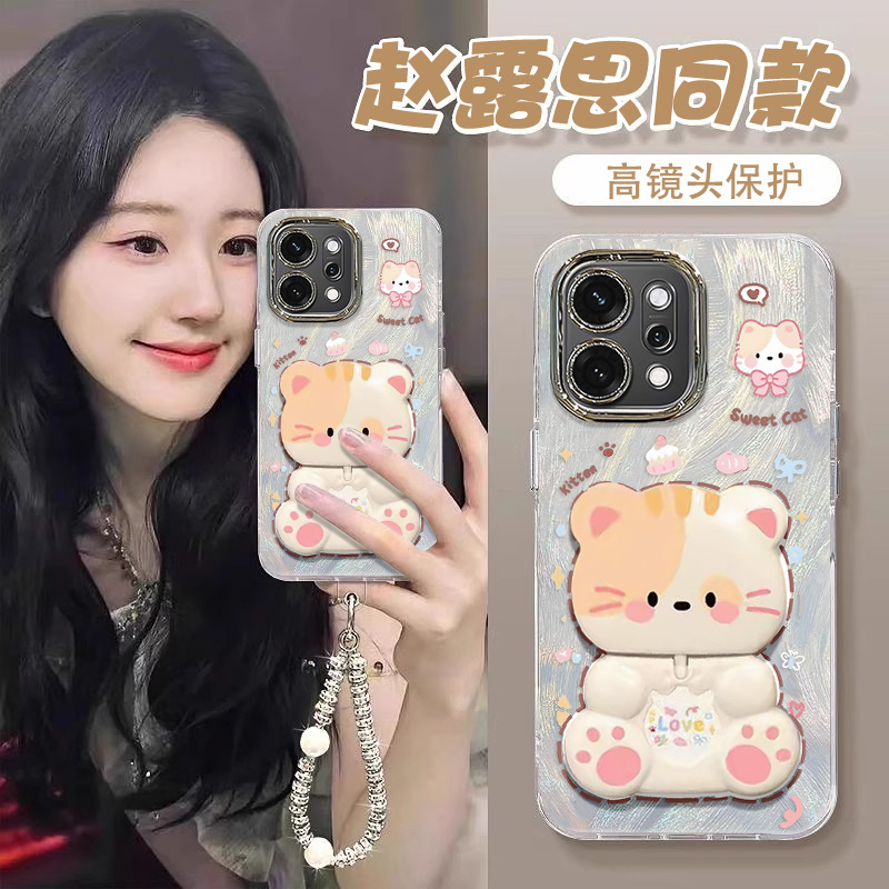 适用于opporeno14手机壳新款reno13pro保护套rone12全包闪钻11镜头保护膜10/9/8羽纱软壳猫咪支架手链挂绳女