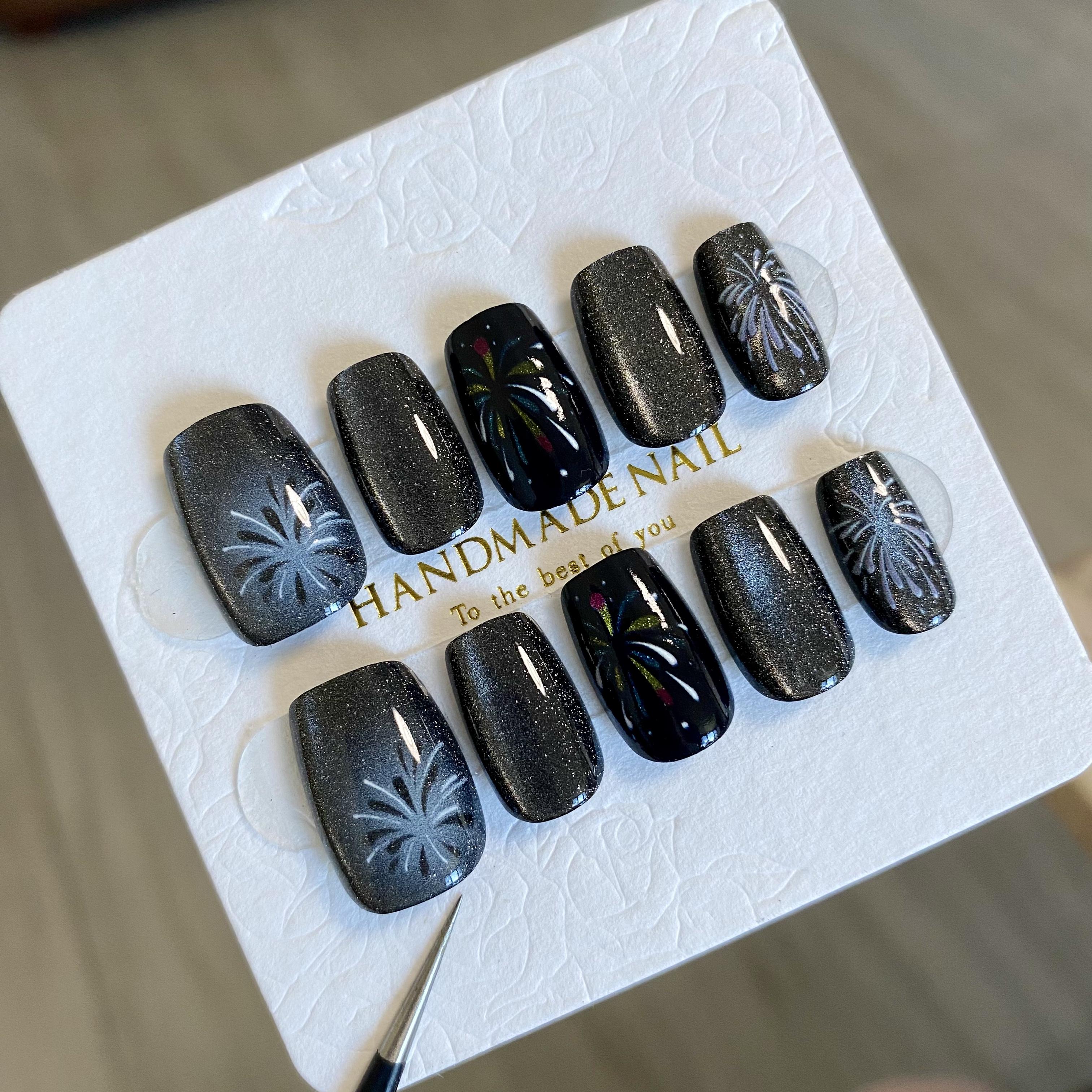 黑曜石猫眼穿戴甲烟花美甲贴片