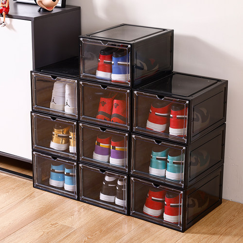 可叠加日式磁吸式硬塑料收纳鞋子鞋盒球鞋防尘收纳盒透明灰色鞋柜