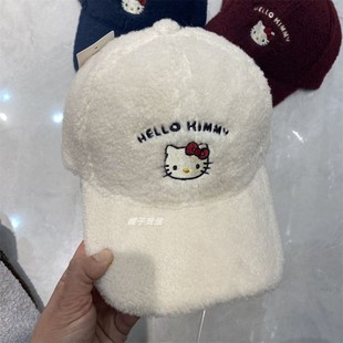 刺绣KT猫头弯檐可爱毛羊羔绒加厚保暖秋冬显瘦女式百搭硬顶棒球帽