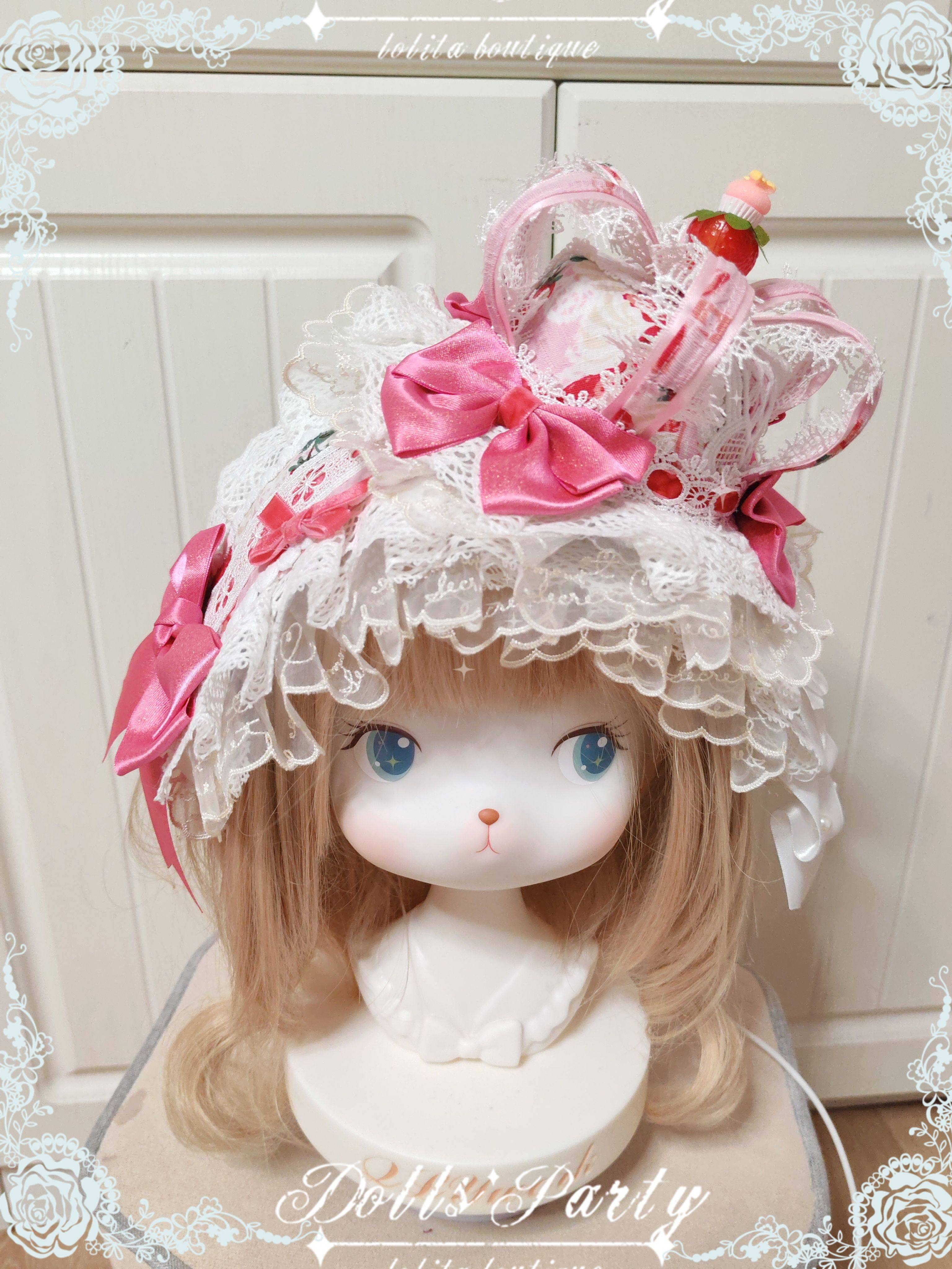Lolita原创手作洛丽塔蕾丝蝴蝶结草莓蛋糕公主发带小皇冠礼帽边夹