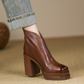 复古棕色厚底高跟鞋 女秋冬款 真皮防水台英伦风圆头高跟短靴女10cm