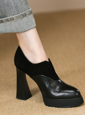 10.5cm拼接真皮深口厚底单鞋女粗跟秋季款一脚蹬黑色尖头高跟鞋女