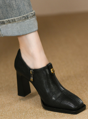 8.5cm法式方头高跟鞋女秋季款真皮一脚蹬茶花黑色粗跟深口单鞋女