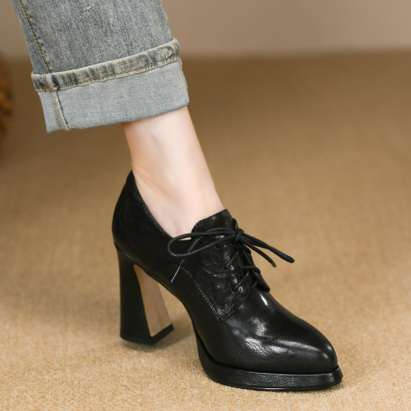 黑色尖头单鞋女粗跟2025秋季新款真皮女鞋系带防水台高跟鞋女9cm,女鞋,深口单鞋,淘宝优惠券,粉丝福利购,淘宝优惠卷