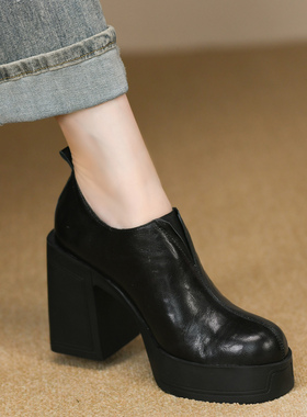 时尚黑色深口单鞋女粗跟秋季防水台真皮女鞋一脚蹬超高跟鞋女10cm