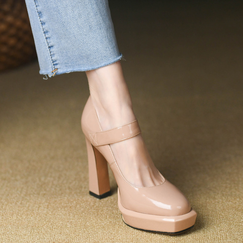 杏色圆头浅口玛丽珍单鞋女10cm春夏款真皮漆皮防水台时尚高跟鞋女