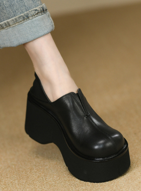圆头深口厚底单鞋女春秋新款头层牛皮一脚蹬防水台超高跟鞋女9cm
