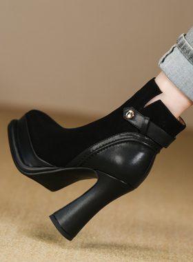 黑色优雅方头高跟鞋女秋冬款磨砂真皮防水台皮带扣粗跟短靴女12cm