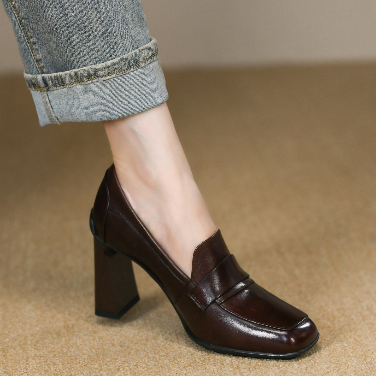 头层牛皮粗跟高跟复古深口单鞋女