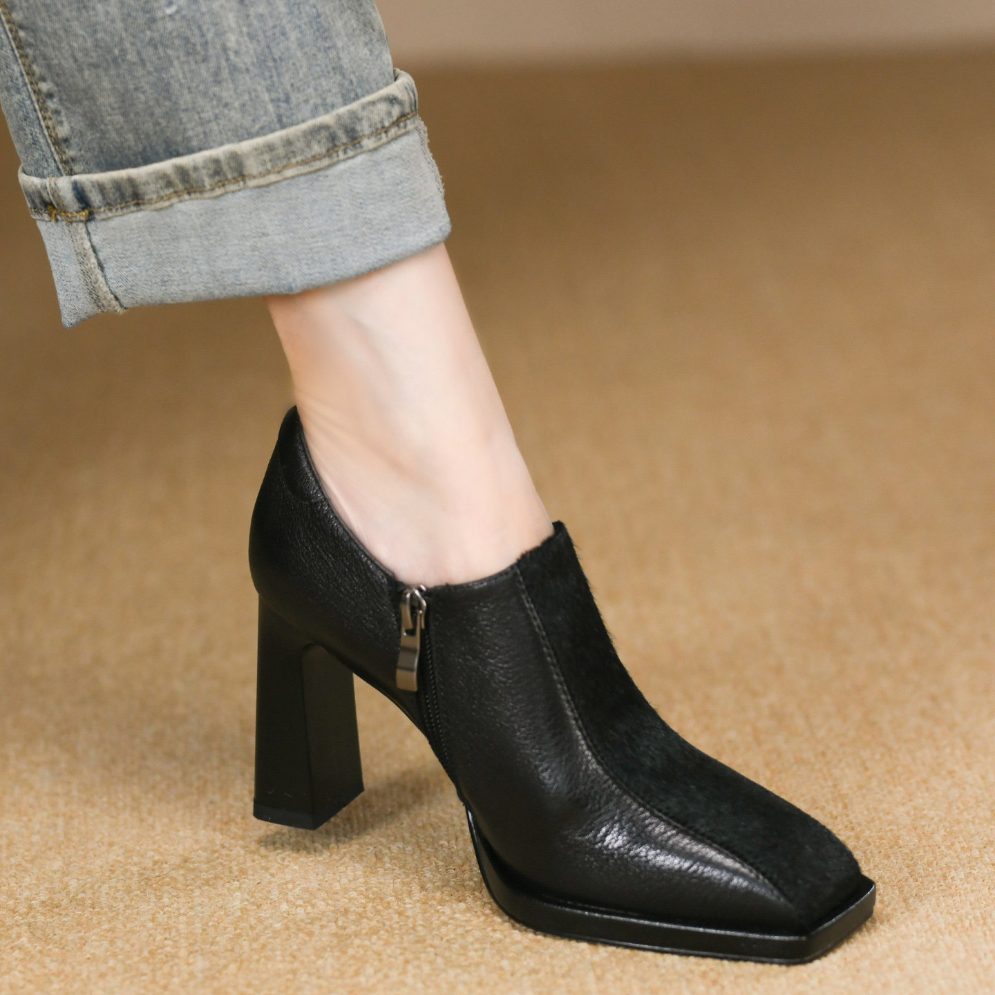 时尚黑色方头深口单鞋女粗跟秋季新款侧拉链拼接真皮马毛高跟鞋女,女鞋,深口单鞋,淘宝优惠券,粉丝福利购,淘宝优惠卷