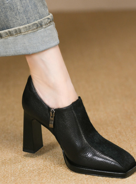时尚黑色方头深口单鞋女粗跟秋季新款侧拉链拼接真皮马毛高跟鞋女
