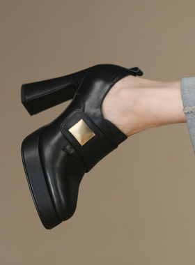 黑色深口单鞋女粗跟秋季真皮魔术贴防水台金属扣厚底高跟鞋女11cm