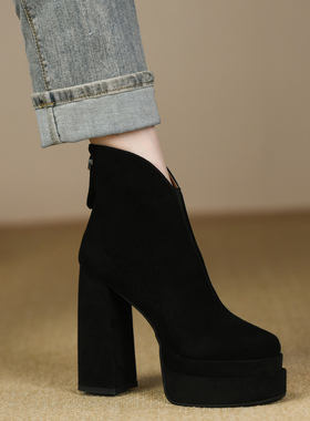 时尚黑色厚底短靴女粗跟秋冬款磨砂真皮裸靴防水台超高跟鞋女12cm