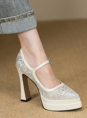 米白浅口粗跟玛丽珍单鞋女春秋格利特水钻防水台尖头高跟鞋女11cm