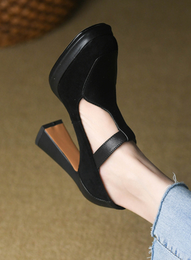 时尚方头浅口单鞋女粗跟春秋磨砂真皮拼接T型带黑色高跟鞋女10cm