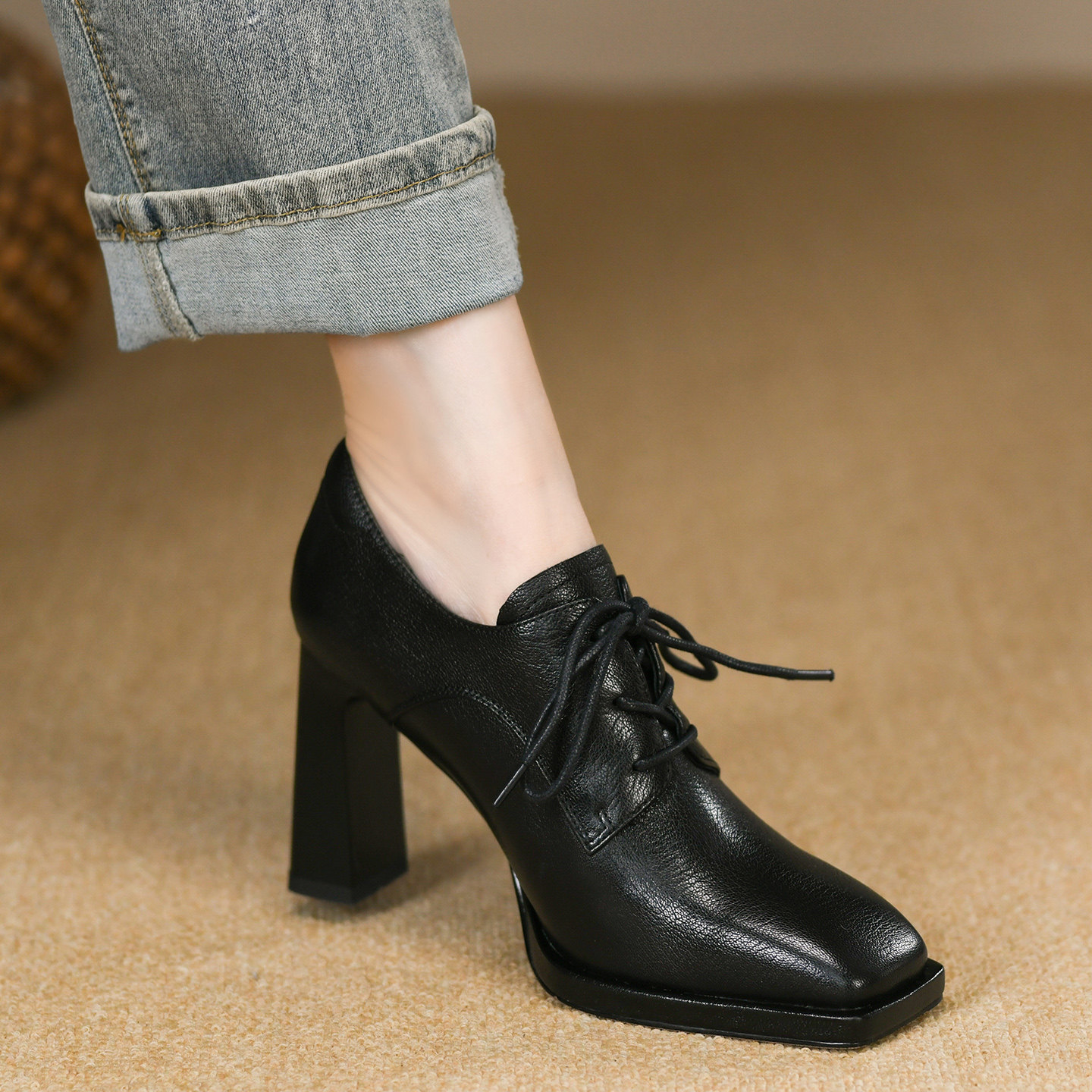 8.5cm时尚深口方头单鞋女高跟秋季新款系带真羊皮黑色粗跟皮鞋女,女鞋,深口单鞋,淘宝优惠券,粉丝福利购,淘宝优惠卷