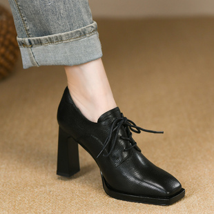 系带真羊皮黑色粗跟皮鞋 8.5cm时尚 新款 女高跟秋季 女 深口方头单鞋