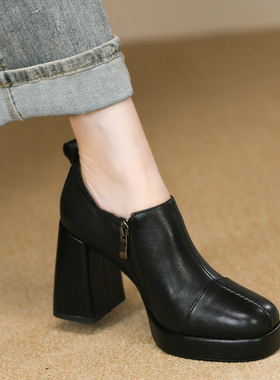 时尚黑色皮鞋女粗跟秋季新款真皮超高跟鞋侧拉链深口单鞋女8.5cm