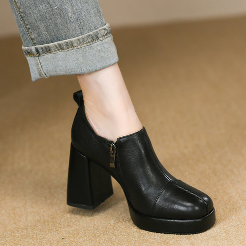 时尚黑色皮鞋女粗跟秋季新款真皮超高跟鞋侧拉链深口单鞋女8.5cm