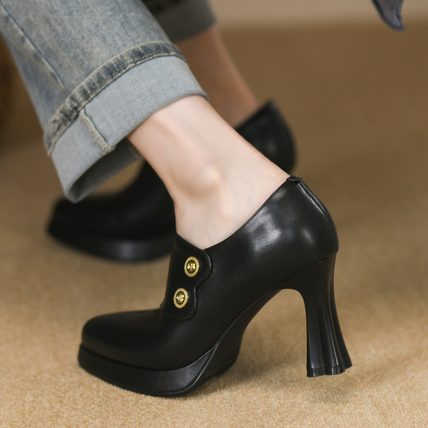 头层牛皮超高跟粗跟深口单鞋女