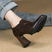 尖头深口单鞋 女粗跟秋季 款 棕色法式 真皮松紧一脚蹬高跟鞋 女8.5cm