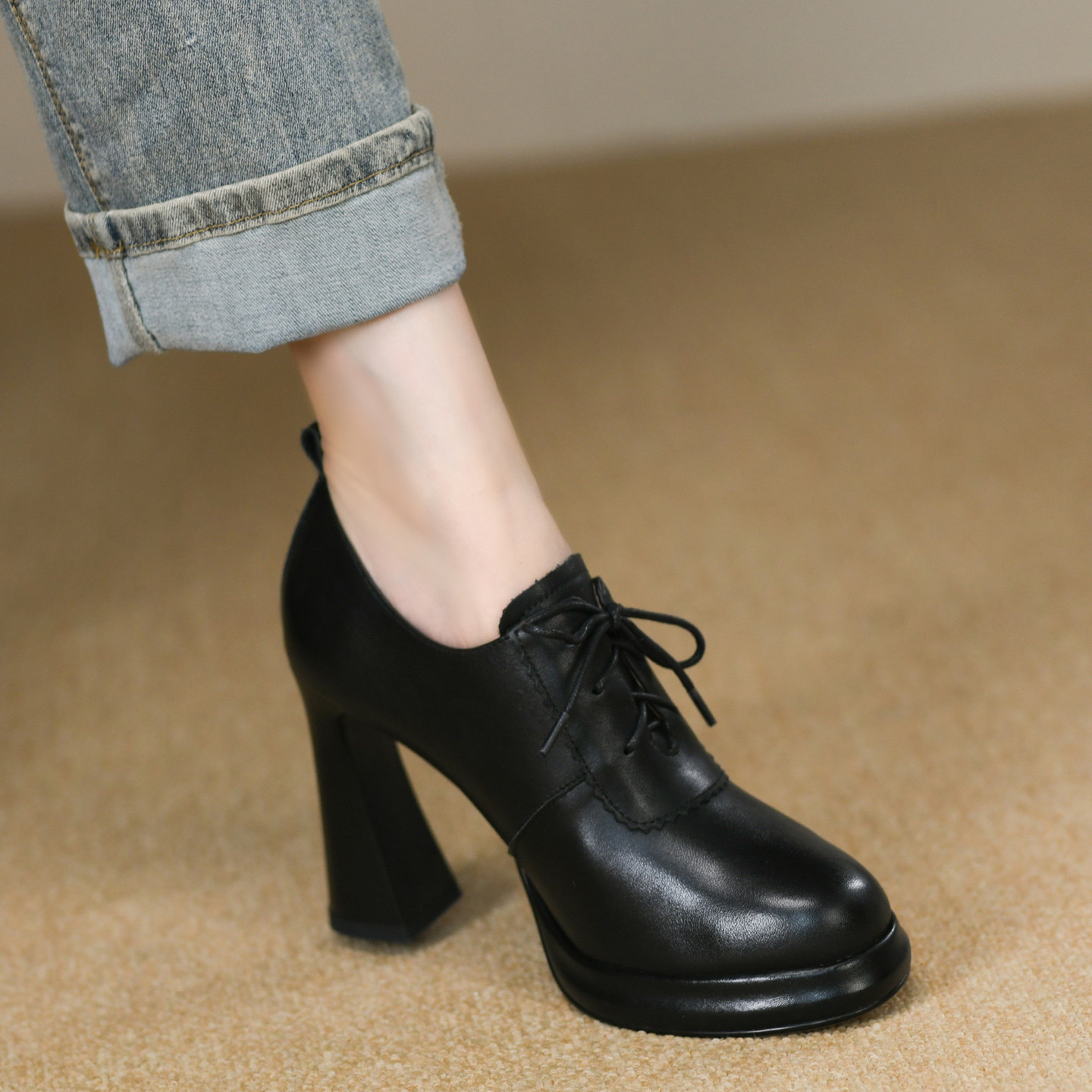 时尚黑色圆头深口粗跟单鞋女秋季新款真皮系带防水台高跟鞋女10cm,女鞋,深口单鞋,淘宝优惠券,粉丝福利购,淘宝优惠卷