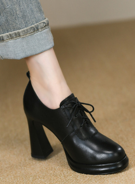时尚黑色圆头深口粗跟单鞋女秋季新款真皮系带防水台高跟鞋女10cm