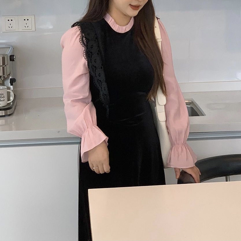 微胖MM拼接丝绒连衣裙假两件长裙图片