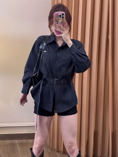 女秋季 大码 衬衫 复古条纹长袖 绑带收腰显瘦设计感别致衬衣 胖MM法式