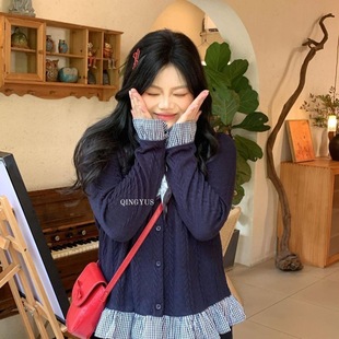 女春秋微胖mm显瘦打底衫 纹拼接针织开衫 内搭减龄上衣 学院风格 大码