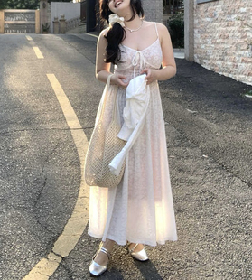 秘密花园V领蕾丝吊带连衣裙女夏甜美气质长裙 胖mm微胖大码