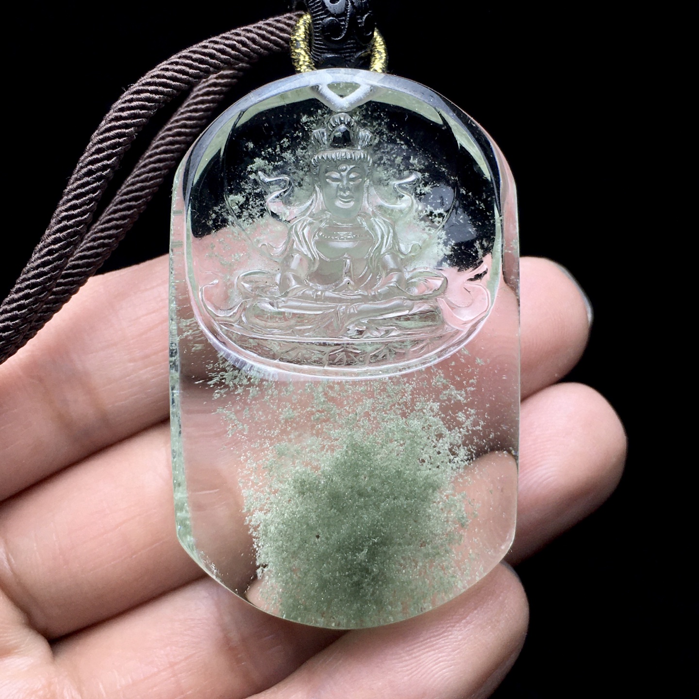 天然绿幽灵观音菩萨吊坠 绿幽灵水晶雕刻观音挂件