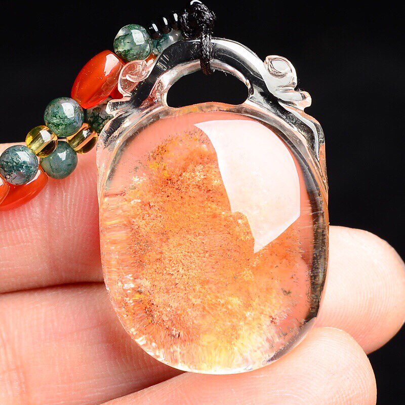 天然彩幽灵水晶如意牌吊坠项坠 事事如意项饰