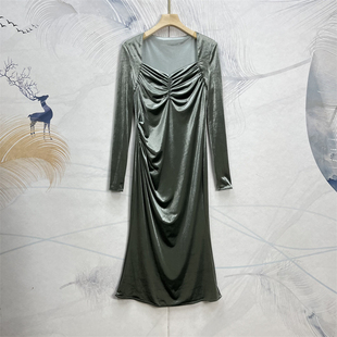 SZ高级定制柔软细腻金丝绒一字肩方领连衣裙超显气质显瘦礼服裙秋