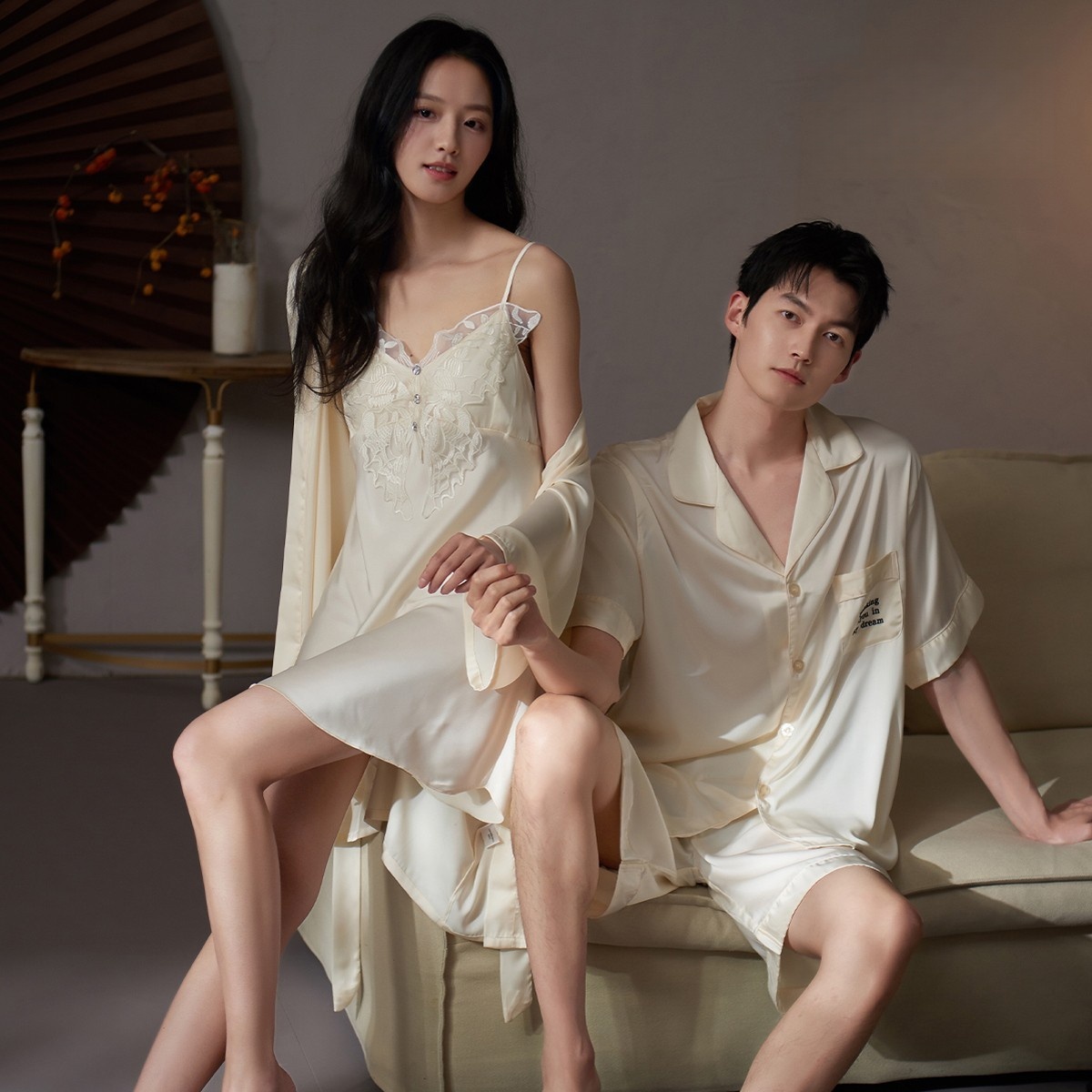 情侣真丝睡衣夏款女纯欲性感带胸垫睡裙男士桑蚕丝夏季套装家居服