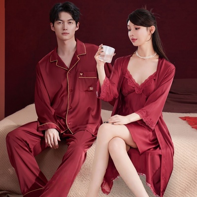 结婚真丝睡衣新婚情侣套装桑蚕丝晨袍女新娘婚用春秋季红色带胸垫