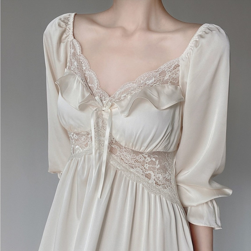 法式真丝睡衣女春夏纯欲新款桑蚕丝高级感复古家居服长袖长裙睡裙