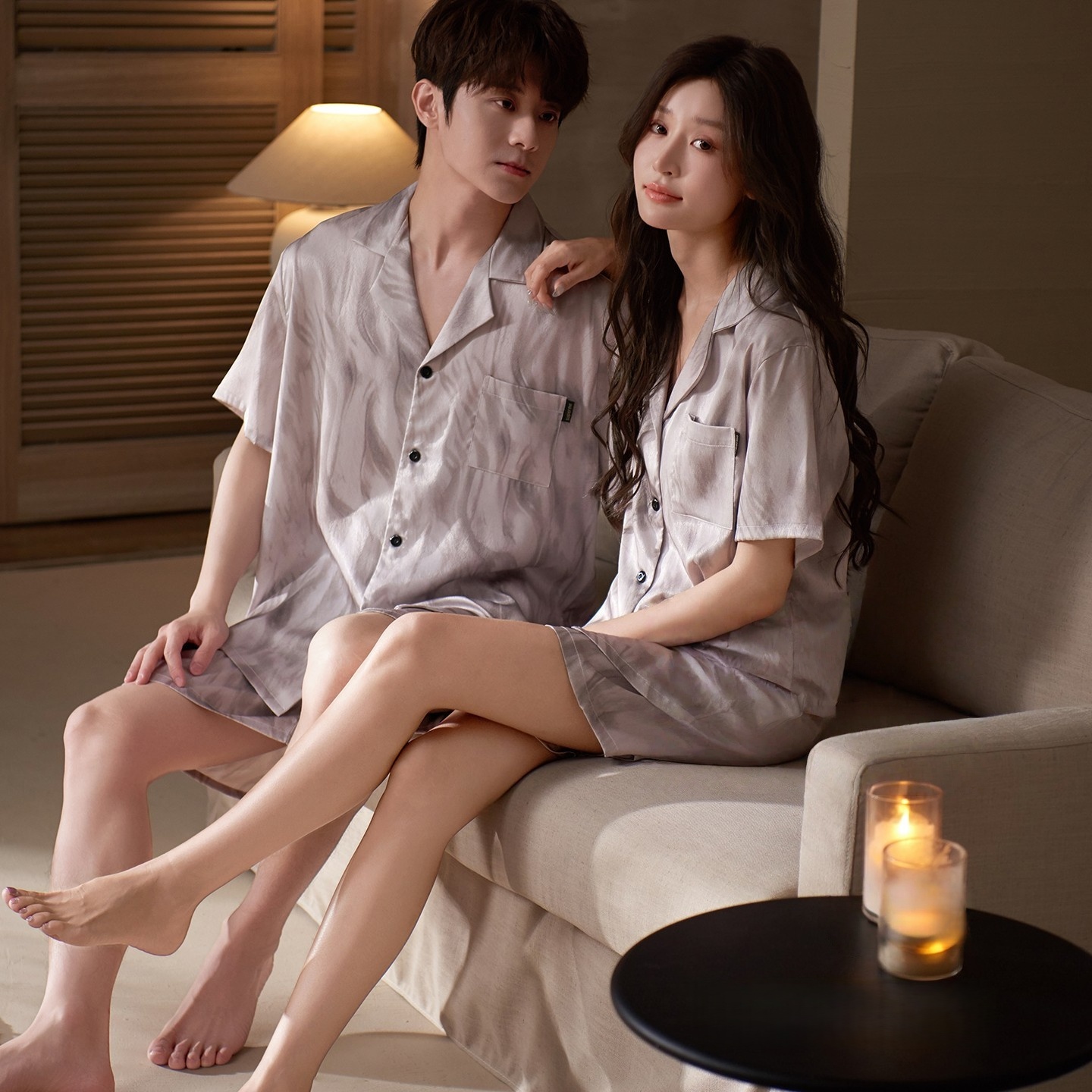 情侣真丝睡衣女夏季套装扎染男士短袖短裤轻奢桑蚕丝可外穿家居服