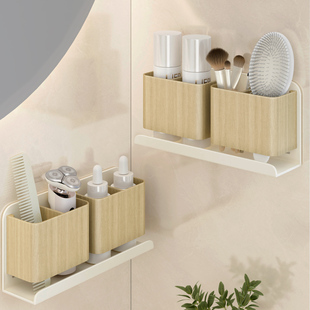 免打孔木纹梳子收纳筒浴室牙膏剃须刀置物架壁挂式 放梳子收纳架子