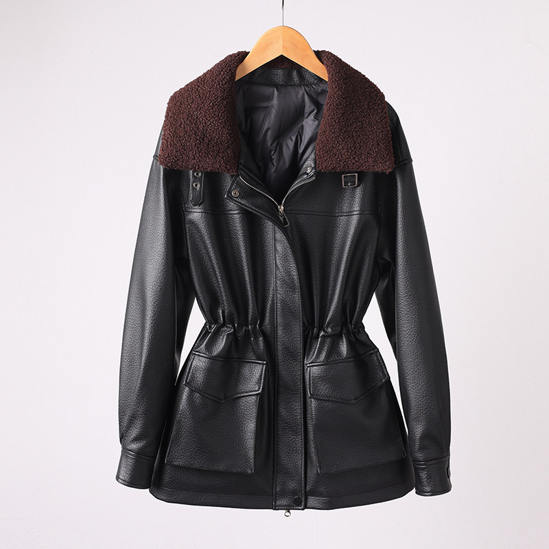A677TD羽绒服真皮90%白鸭绒皮衣女翻领宽松型冬季中长款收腰