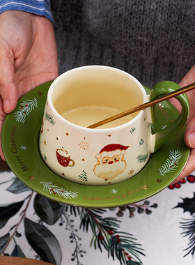 圣诞款可爱咖啡杯高质量家用送礼礼品圣诞节带勺带碟陶瓷杯吊耳杯