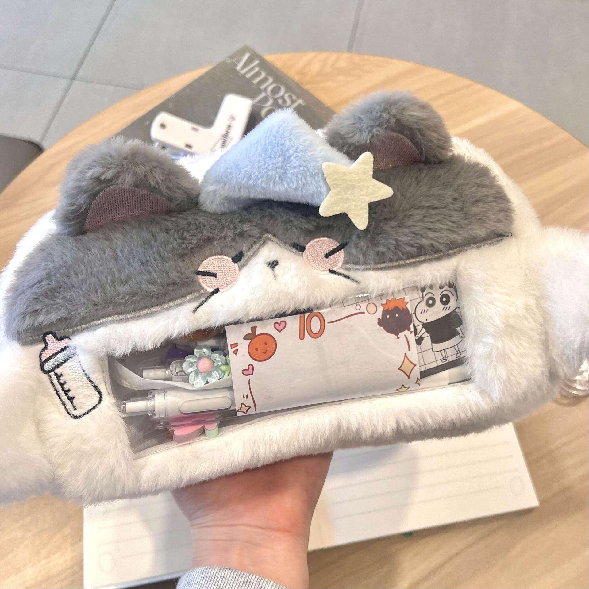 新款毛绒粉色猫咪笔袋学生高颜值大容量可视窗文具收纳袋学习用品