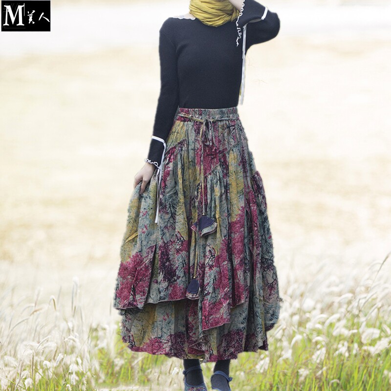 棉麻舞裙高腰复古中长款拼接大摆裙民族风不规则印花半身裙春秋冬
