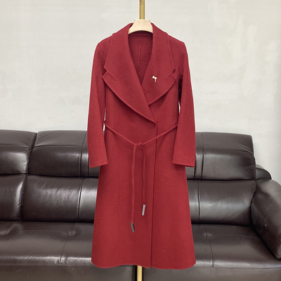 红色高端双面羊绒大衣女中长款
