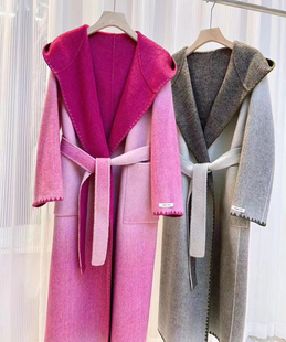 渐变连帽双面羊绒大衣女长款系带纯羊毛呢子外套韩版宽松2025新款